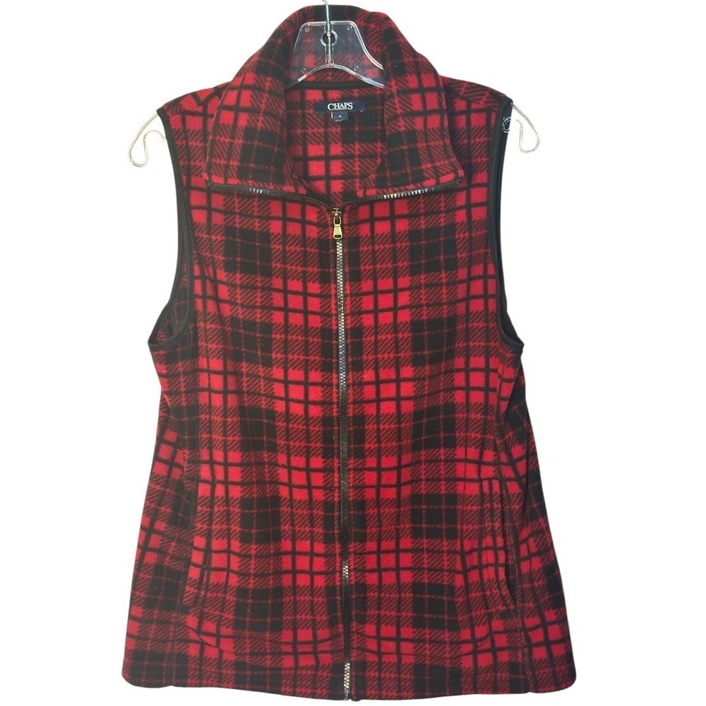 Chaps Fleece Vest Women Red Black Plaid Full Zip Stand Collar Gorpcore Fall M - Picture 1 of 4